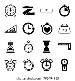 Measurement icons. set of 16 editable filled and outline measurement icons such as hourglass, measure ruler, stopwatch, pendulum, ruler, clock alarm, weight