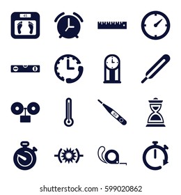 measurement icons set. Set of 16 measurement filled icons such as floor scales, level ruler, tape, themometer, hourglass, thermometer, ruler, stopwatch, clock, pendulum, alarm