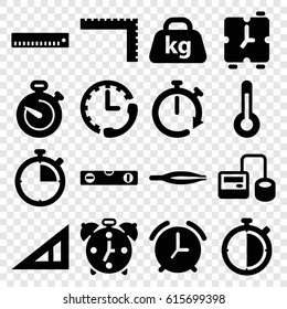 Measurement icons set. set of 16 measurement filled icons such as triangle ruler, ruler, tweezers, level ruler, blod pressure tool, weight, stopwatch, temperature