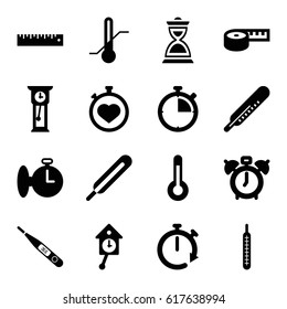 Measurement icons set. set of 16 measurement filled icons such as thermometer, themometer, stopwatch, hourglass, ruler, temperature, pendulum, clock alarm