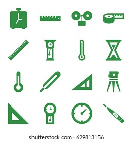 Measurement icons set. set of 16 measurement filled icons such as ruler, triangle ruler, theodolite, themometer, thermometer, temperature, clock, hourglass, pendulum, alarm