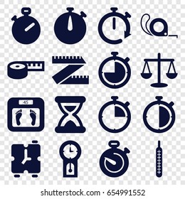 Measurement icons set. set of 16 measurement filled icons such as floor scales, tape, thermometer, stopwatch, hourglass, pendulum, alarm, scales, measuring tape