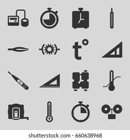 Measurement icons set. set of 16 measurement filled icons such as triangle ruler, measure tape, tweezers, ruler, blod pressure tool, thermometer, temperature, alarm, stopwatch