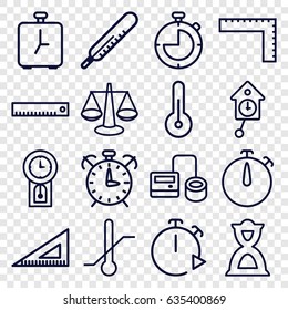 Measurement icons set. set of 16 measurement outline icons such as ruler, thermometer, blod pressure tool, hourglass, temperature, pendulum, alarm, stopwatch