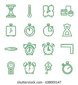 Measurement icons set. set of 16 measurement outline icons such as ruler, tweezers, blod pressure tool, hourglass, thermometer, pendulum, alarm, stopwatch