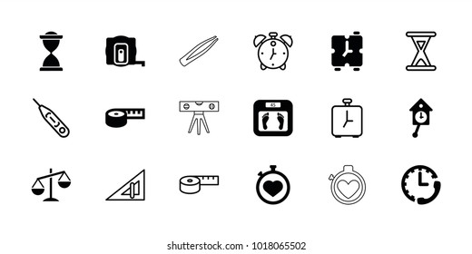 Measurement icons. set of 18 editable filled and outline measurement icons: measure tape, floor scales, measuring tape, stopwatch, pendulum, alarm, triangle ruler, thermometer