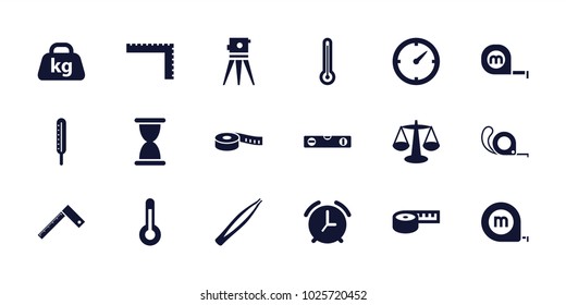 Measurement icons. set of 18 editable filled measurement icons: ruler, level ruler, theodolite, tape, scales, hourglass, measuring tape, weight, temperature, clock