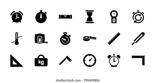 Measurement icons. set of 18 editable filled measurement icons: measure tape, level ruler, ruler, hourglass, themometer, thermometer, stopwatch, clock, pendulum, alarm