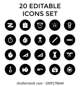 Measurement icons. set of 20 editable filled measurement icons such as ruler, level ruler, stopwatch, hourglass. best quality measurement elements in trendy style.
