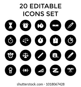 Measurement icons. set of 20 editable filled measurement icons such as measure tape, thermometer, level ruler, clock alarm. best quality measurement elements in trendy style.