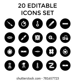 Measurement icons. set of 20 editable filled measurement icons such as level ruler, thermometer, tweezers. best quality measurement elements in trendy style.
