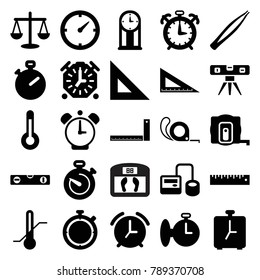 Measurement icons. set of 25 editable filled measurement icons such as measure tape, level ruler, tape, stopwatch, ruler, scales, blod pressure tool, thermometer, temperature