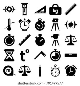 Measurement icons. set of 25 editable filled measurement icons such as ruler, theodolite, stopwatch, scales, pressure, thermometer, temperature, hourglass, pendulum, alarm