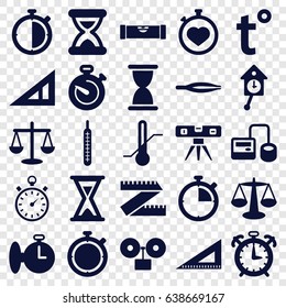 Measurement icons set. set of 25 measurement filled icons such as triangle ruler, level ruler, tweezers, blod pressure tool, stopwatch, thermometer, temperature, hourglass