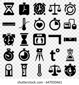 Measurement icons set. set of 25 measurement filled icons such as level ruler, ruler, floor scales, theodolite, blod pressure tool, stopwatch, thermometer, hourglass