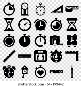 Measurement icons set. set of 25 measurement filled icons such as ruler, measure tape, floor scales, level ruler, stopwatch, thermometer, clock, hourglass, pendulum, alarm