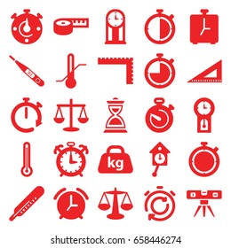 Measurement icons set. set of 25 measurement filled icons such as ruler, thermometer, level ruler, weight, hourglass, stopwatch, pendulum, alarm, scales