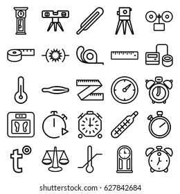 Measurement icons set. set of 25 measurement outline icons such as tweezers, floor scales, theodolite, tape, level ruler, blod pressure tool, themometer, thermometer, ruler