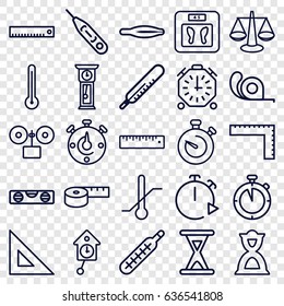 Measurement icons set. set of 25 measurement outline icons such as ruler, thermometer, tweezers, floor scales, level ruler, tape, hourglass, stopwatch, pendulum, alarm, scales