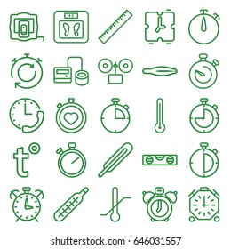 Measurement icons set. set of 25 measurement outline icons such as ruler, measure tape, tweezers, floor scales, level ruler, blod pressure tool, themometer, stopwatch