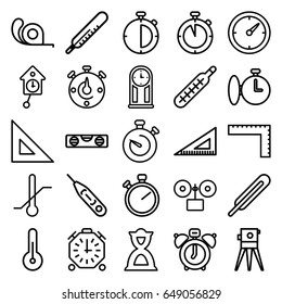 Measurement icons set. set of 25 measurement outline icons such as ruler, thermometer, level ruler, theodolite, tape, themometer, hourglass, stopwatch, temperature, clock