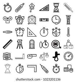 Measurement icons. set of 36 editable outline measurement icons such as measure tape, ruler, tweezers, level ruler, theodolite, stopwatch, clock alarm, hourglass