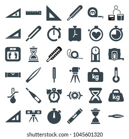 Measurement icons. set of 36 editable filled measurement icons such as triangle ruler, measure tape, level ruler, tweezers, floor scales, tape, ruler, clock alarm, themometer