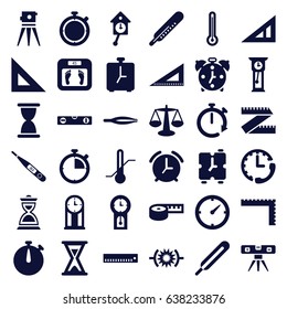 Measurement icons set. set of 36 measurement filled icons such as triangle ruler, ruler, thermometer, tweezers, floor scales, theodolite, themometer, hourglass, clock