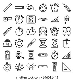 Measurement icons set. set of 36 measurement outline icons such as ruler, triangle ruler, measure tape, thermometer, tweezers, floor scales, level ruler, tape, weight