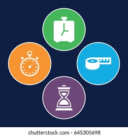 Measurement icons set. set of 4 measurement filled icons such as hourglass, stopwatch, alarm