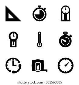 measurement icons set. Set of 9 measurement filled icons such as measure tape, stopwatch, clock, thermometer, pendulum