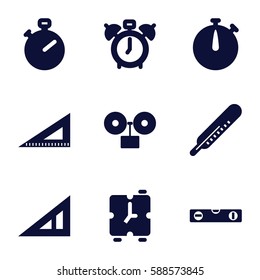 measurement icons set. Set of 9 measurement filled icons such as triangle ruler, thermometer, level ruler, ruler, alarm, stopwatch