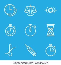 Measurement icons set. set of 9 measurement outline icons such as thermometer, stopwatch, scales, pressure