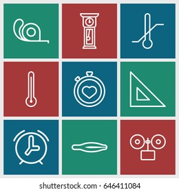 Measurement icons set. set of 9 measurement outline icons such as tweezers, tape, stopwatch, thermometer, pendulum, alarm
