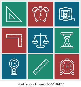 Measurement icons set. set of 9 measurement outline icons such as ruler, measure tape, hourglass, pendulum, alarm, stopwatch