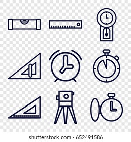Measurement icons set. set of 9 measurement outline icons such as triangle ruler, level ruler, theodolite, ruler, pendulum, stopwatch