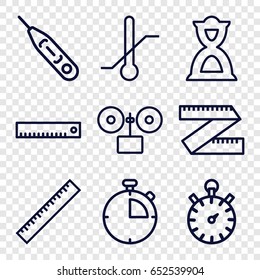 Measurement icons set. set of 9 measurement outline icons such as ruler, thermometer, hourglass, alarm, stopwatch