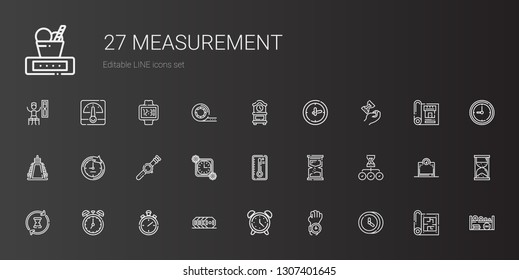 measurement icons set. Collection of measurement with clock, watch, alarm clock, weight, stopwatch, hourglass, temperature, time, blueprint. Editable and scalable measurement icons.