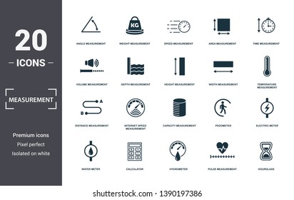 Measurement icons set collection. Includes simple elements such as Angle Measurement, Weight, Speed Measurement, Area Measurement, Time, Internet Speed