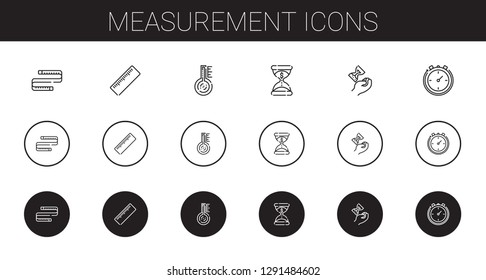measurement icons set. Collection of measurement with measuring tape, ruler, thermometer, hourglass, stopclock. Editable and scalable measurement icons.