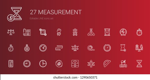measurement icons set. Collection of measurement with protractor, balance, voltmeter, stopwatch, time, clock, temperature, stopclock. Editable and scalable measurement icons.