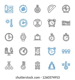 measurement icons set. Collection of measurement with thermometer, weight, clock, hourglass, alarm clock, scale, stopwatch, stopclock. Editable and scalable measurement icons.