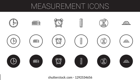 measurement icons set. Collection of measurement with time, weight, alarm clock, ruler, hourglass, balance. Editable and scalable measurement icons.
