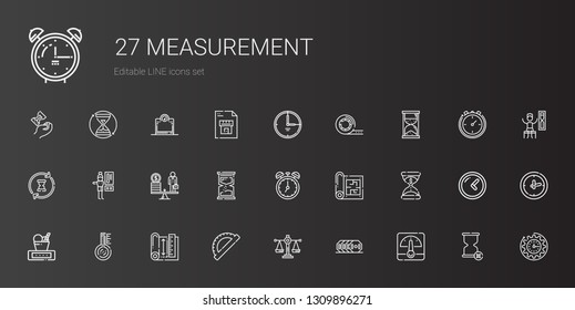 measurement icons set. Collection of measurement with voltmeter, weight, scale, protractor, blueprint, thermometer, hourglass, clock. Editable and scalable measurement icons.