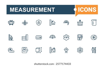 Measurement icons set. Featuring clock, stopwatch, barbell, tool, arrow, crane hook, sand glass and more. Thin outline icons pack. Solid line editable stroke. Vector line and solid icons.