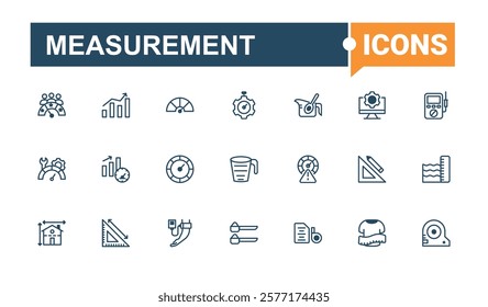 Measurement icons set. Featuring clock, stopwatch, barbell, tool, arrow, crane hook, sand glass and more. Thin outline icons pack. Solid line editable stroke. Vector line and solid icons.