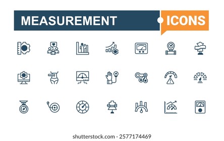 Measurement icons set. Featuring clock, stopwatch, barbell, tool, arrow, crane hook, sand glass and more. Thin outline icons pack. Solid line editable stroke. Vector line and solid icons.