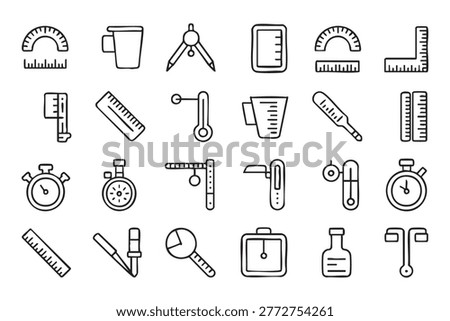 Measurement icons set of hand drawn school supplies and engineering tools