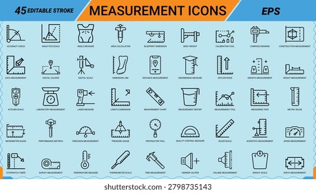 Measurement icons set, ruler scale, measuring tape, digital caliper, vernier caliper, thermometer scale, weight scale, precision measurement, laser measure, protractor tool, Web icon, App icon, Outline icon, Editable stroke, line art, Vector EPS