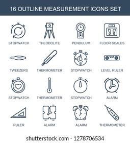 measurement icons. Trendy 16 measurement icons. Contain icons such as stopwatch, theodolite, pendulum, floor scales, tweezers, thermometer. measurement icon for web and mobile.